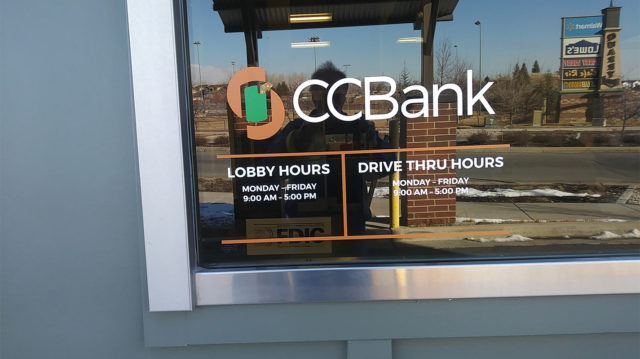 CCBank Hours in window vinyl